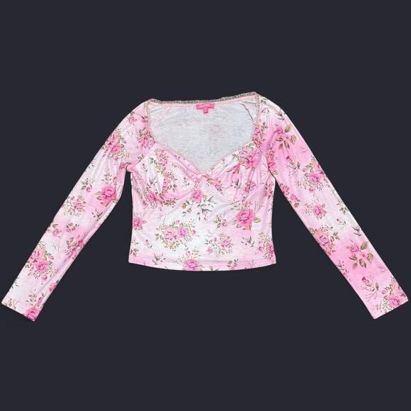 Dolls Kill Sugar Thrillz Pink & White Romantic Floral Sweetheart Coquette Top S - Picture 5 of 7